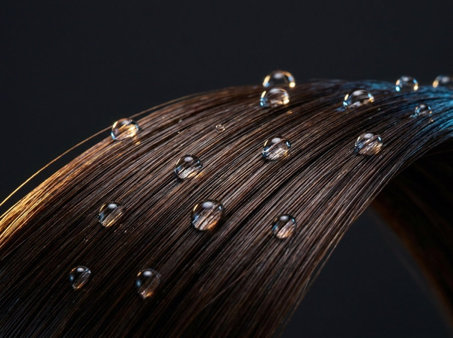 Water droplets beading on glossy strands