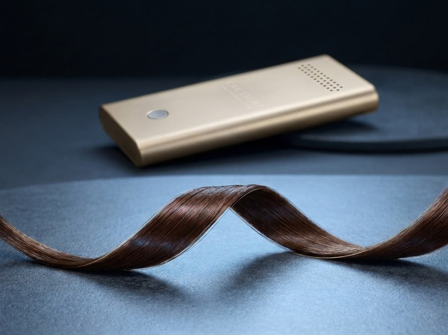 Close-up of a strand of hair; a switched-off iron stays in the shadows in the background