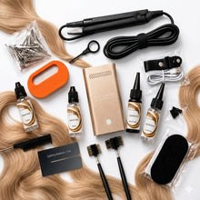 Kit de extensiones UV EHE Light™ para peluquerías con sus 13 piezas sobre mechones de pelo