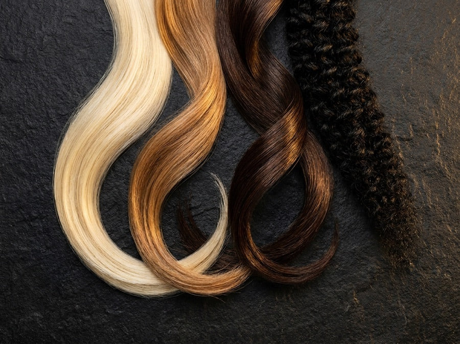 Four hair textures fanned out: straight, wavy, curly and coily